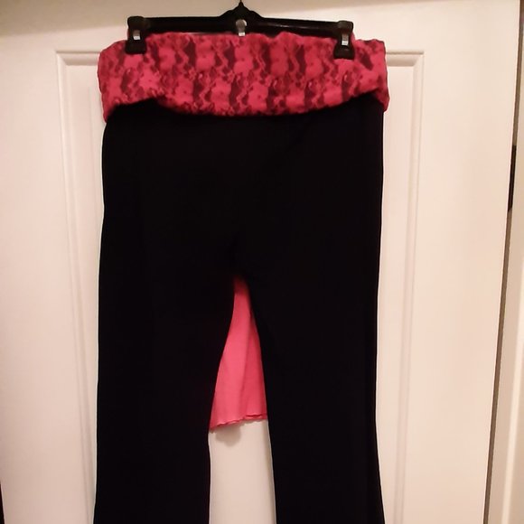 Pants - Black Yoga Cotton Pant with Hot Pink Lace Waist